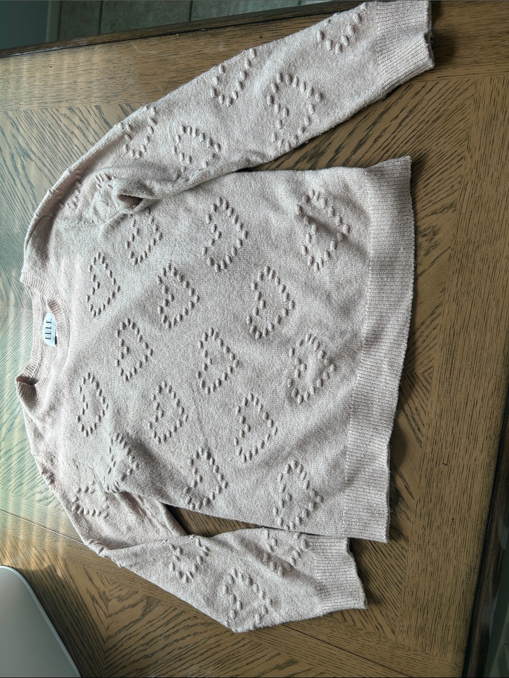 Elle Light Pink Eyelet Heart Crewneck Sweater
